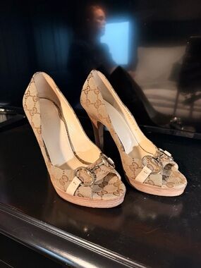 Gucci Beige GG Canvas Peep-Toe Platform Heels with Horsebit Accent